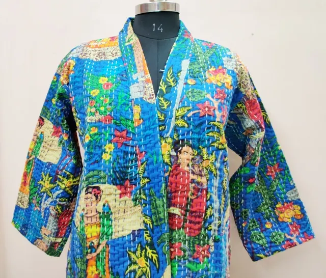 Frida khalo kantha jacket Indian handmade Japanese kimono style kantha robe winter Jacket colored tie belt coat Robe for woman