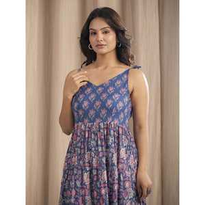 Vestido largo de algodón Mulmul azul con tirantes, estampado a mano, estilo gótico casual, transpirable, talla XS, ideal para fiestas de verano. - Product Image 1