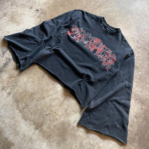 Manches longues surdimensionné High Street T-shirt écologique 100% coton lourd Vintage lavé ourlet empilé déchiré strass - Product Image 5