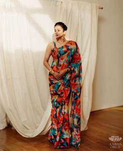 Sari de Satén de Diseño Indio Bollywood, Exclusivo Sari Étnico para Bodas, Fiestas y Festivales para Mujeres y Niñas, Sari con Estampado Digital - Product Image 5