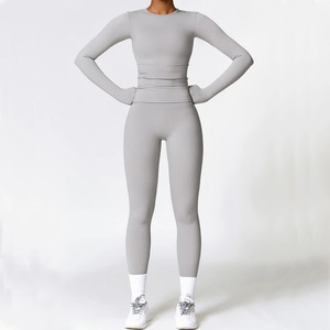 Women's 2pcs Gym Sportswear Set Breathable Long Sleeve Crop Top High Waist Leggings with Solid Pattern for Yoga Fitness Workout - Product Image 1