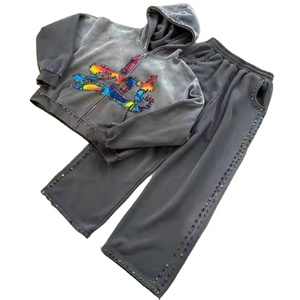 Chándales con capucha para hombre, de peso pesado, con pedrería bordada, efecto descolorido por el sol, estilo urbano, diseño personalizado, moderno, transpirable, lavado ácido - Product Image 3