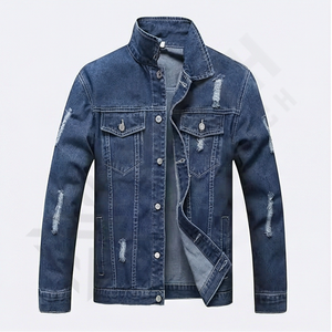 Veste en jean déchirée décontractée de style tendance pour homme, veste en denim sport, streetwear tendance, vêtements d'extérieur, col montant - Product Image 1