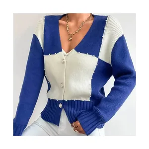 High quality customized Casual V neck square contrast plaid women's sweater fashion pearl cardigan blue white contrast top