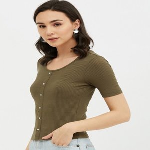 Peach Coloured Regular Women <b>Top</b> Solid square Neck, <b>Short</b>, Regular <b>Sleeve</b> Women T-shirt <b>Knitted</b> Cotton Fabric Women Clothing - Product Image 5