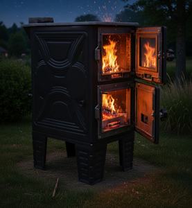 Estufa de Leña de Hierro Fundido Dorello Negra Independiente con Placa de Cocción Superior y Cajón para Cenizas, Compacta para Villa - Product Image 1
