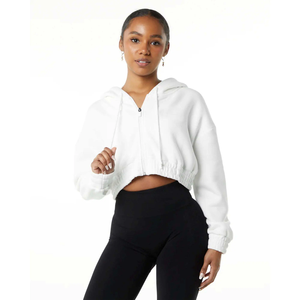 Sweat à capuche classique à fermeture éclair pour femmes, style à épaules tombantes noires avec 55% coton 45% Spandex, coupe courte surdimensionnée pour l'hiver - Product Image 1