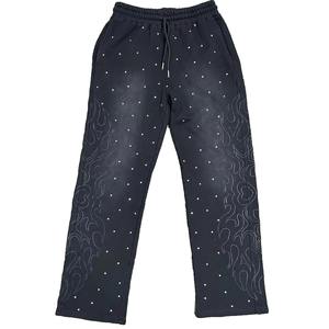 Pantalones de chándal acampanados holgados unisex lavado con ácido | Fabricante de ropa de algodón Terry de primera calidad, logotipo bordado y detalle de diamantes de imitación - Product Image 3