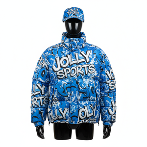 Chaqueta acolchada de poliéster de lujo 300GSM, diseño estampado azul vibrante, transferencia de calor, logotipo personalizado, ropa de moda, chaqueta acolchada para hombre - Product Image 3