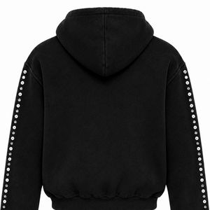 Unisex Black Washed Rhinestone Hooded Zip-Up Sweatshirt, Stylish Casual Y2K Cropped Hoodie <b>Jacket</b> with <b>Sparkling</b> Stud Details - Product Image 5