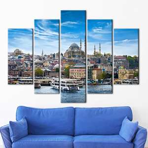 Arte impreso en lienzo con paisaje marino que muestra la Mezquita Suleymaniye de Estambul, mezcla de 5 piezas: envoltura tipo galería - Product Image 1