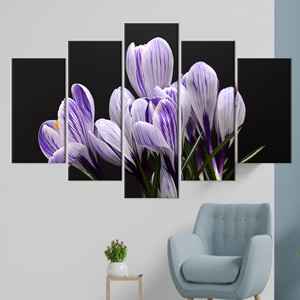 ของตกแต่งผ้าแคนวาสลายดอกโครคัส: ภาพพิมพ์ลายดอกไม้สีม่วงสำหรับเป็นของขวัญวันหยุด ชุด 5 ชิ้น: ภาพพิมพ์แบบห่อหุ้ม - Product Image 1