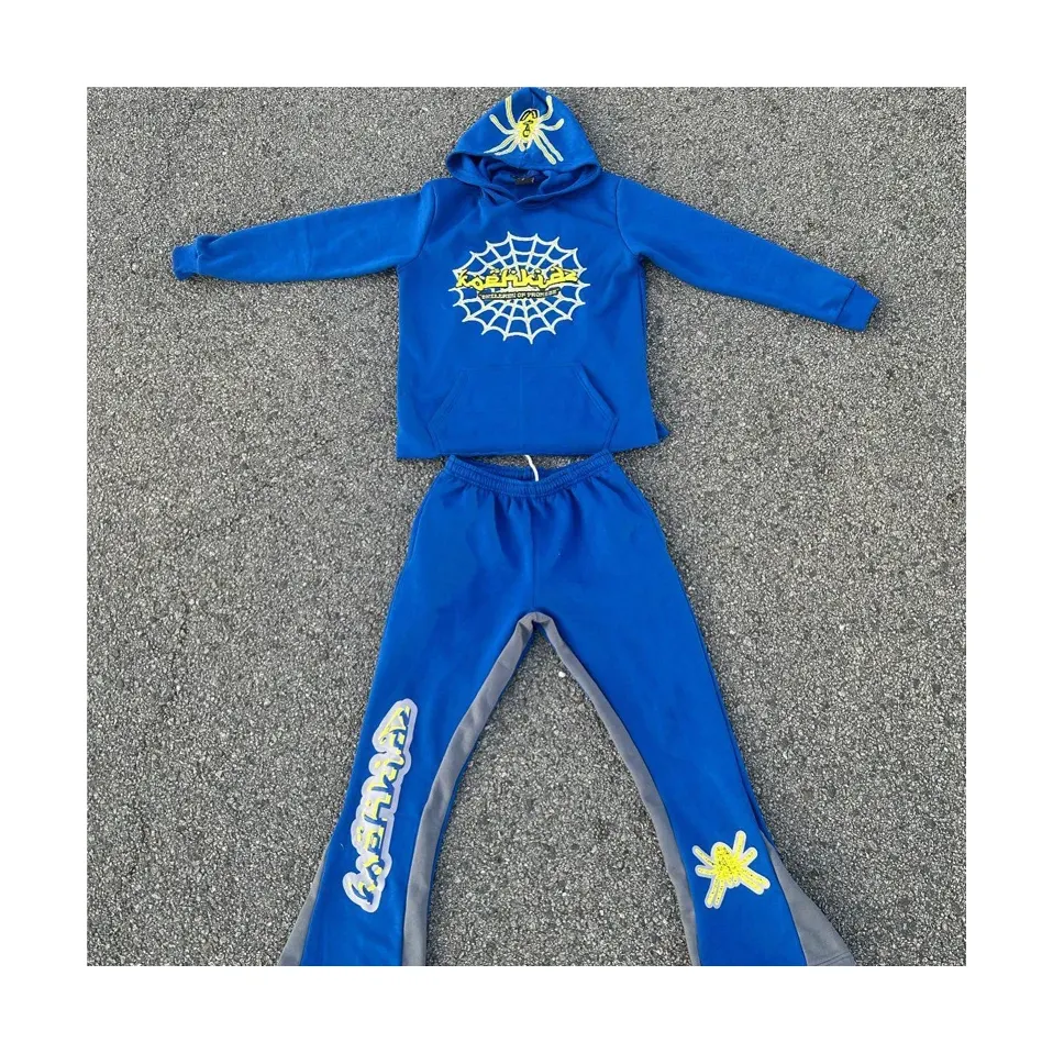 Custom 2 Piece Hoodie And Jogger Set Puff Print Heavy Cotton Color March Stacked Flared Sweatpants Casual Sports Tracksuit