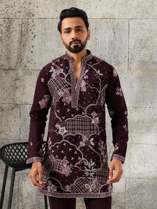 Festive Wear DESIGNER PARTY WEAR READYMADE <b>INDIAN</b> MENS PURPLE VISCOSE SILK <b>KURTA</b> - Product Image 3