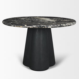 Table de salle à manger de cuisine en bois massif et marbre, plateau en marbre noir sablé, base en bois, forme ronde, bords incurvés, forêt noire - Product Image 2