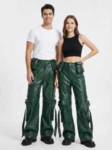 Fashion Premium Genuine Leather Cargo Pants Motorcycle Tactical Utility <b>Trouser</b> Pockets Buckle Strap Riding Leather Pants Women - Product Image 4