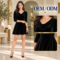 Gaun Mini A-Line Wanita Klasik Hitam Beludru Lengan Tiga Perempat Kerah Draped untuk Grosir Butik OEM ODM