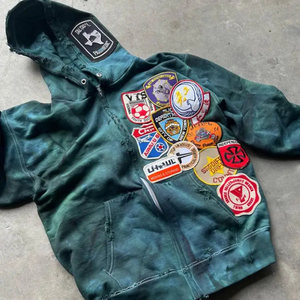 เสื้อฮู้ดดี้วินเทจปักลายแบบกำหนดเอง 500gsm สำหรับผู้ชาย ล้างสีแบบแอซิด หนักแน่น ตกแต่งด้วยแพทช์ 3 มิติ ผ้าฝ้ายฟลีซเนื้อนุ่ม 100% ทรงปกติ - Product Image 3