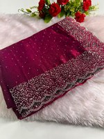 Sari Zarkan prêt-à-porter en soie Georgette à bordure fantaisie, brodé, en fausse fourrure, anti-humidité, séchage rapide, moderne, pour fêtes indiennes