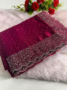 Sari en soie Georgette prêt-à-porter, entièrement brodé de pierres Zarkan, coupe fantaisie, bordure, moderne, indien, traditionnel, pour les fêtes - Product Image 4