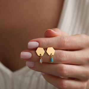 Personalized Birthstone Hexagon Turquoise Stud Earrings Dangle Drop Baguette Earrings 925 Sterling Silver 14K Gold Plated - Product Image 4