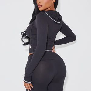 À la mode dynamique noir goutte épaule femmes sculpté contraste à capuche Anti-rides et respirant sweats à capuche femmes sweat à capuche zippé - Product Image 1