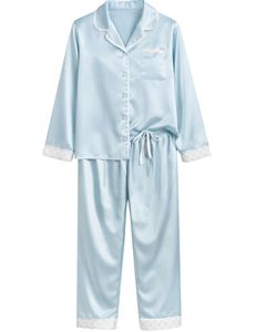 Ensemble de pyjama en satin de soie bleu clair pour femmes, personnalisé par le fabricant, boutonné, manches longues, vêtements de nuit luxueux, dentelle douce - Product Image 1