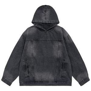 Sweat à capuche en denim délavé personnalisé pour hommes, style streetwear, haute qualité, coupe oversize, vintage, hip-hop - Product Image 4