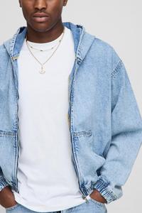Bas court pour hommes avec capuche deux couleurs délavées fermeture éclair UP épaule tombante veste en jean décontracté beau manches longues - Product Image 6