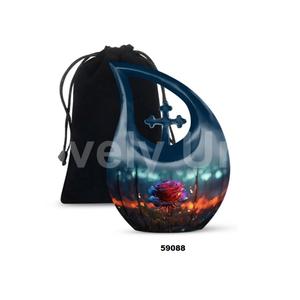 Urna negra para adultos de cremación de flores con gota de lágrima para cenizas humanas, urna cruzada decorativa con bolsa de terciopelo gratis - Product Image 4