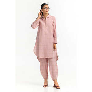 Ensemble coordonné teint en fil IPST-44613 100% Coton Rose Coupe décontractée pour femme Tenue de travail Été - Product Image 5