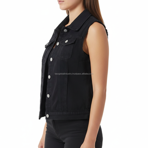 Gilet en jean noir personnalisé OEM pour femme, sans manches, coupe ajustée, bords bruts, style streetwear décontracté - Product Image 3