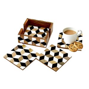Posavasos de té de madera personalizables con soporte Diseño de incrustaciones de hueso clásico hecho a mano Cuadrado o redondo de la India - Product Image 1