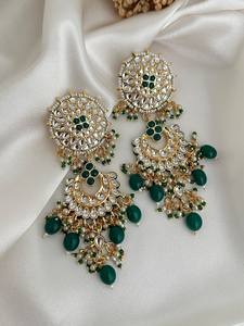 Pendientes de declaración de trabajo Kundan, pendientes tradicionales indios, pendientes de trabajo de espejo azul melocotón, joyería étnica hecha a mano - Product Image 2