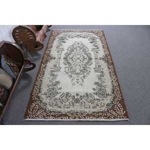 Turkish Vintage Rug 3.8x6.9 ft (117x211 cm), <b>Brown</b> <b>Wool</b> Rug - Product Image 1