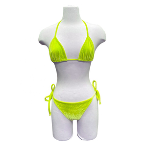 Women Neon <b>Green</b> <b>Velvet</b> Bikini Set Halter Neck Triangle Top Tie Side Bottoms Two Piece Swimwear Stretch Solid Color - Product Image 1