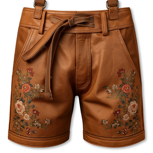 Pantalones Cortos Bávaros de Cuero Genuino Color Camel, Estilo Rústico Premium, Tradicionales para Oktoberfest, Bordados, Proveedor OEM - Product Image 1