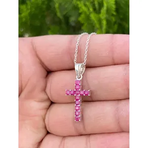 925 Silver <b>Ruby</b> Cross <b>Necklace</b> Rhodium Christian 14K Gold 18K Platinum Zircon Diamond Pearl for Engagement Number Shape Pattern - Product Image 4