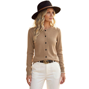 Womens Solid Beige Knit <b>Cardigan</b> <b>Sweater</b> Long Sleeve Button Front Round Neck Casual Chic Tops For Office Daily Wear Easy Style - Product Image 1