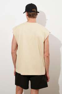 Personalizado al por mayor de los hombres Streetwear 100% algodón de gran tamaño personalizado GSM camiseta de alta calidad cosido en blanco diseño Beige - Product Image 4