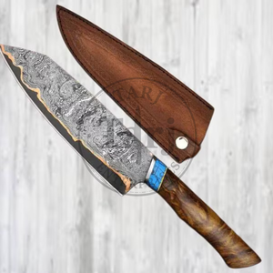 Couteau utilitaire de chef en acier Damas cuivré fait main, lame pleine, bord droit, manche en bois de noyer, gaine en cuir à bouton-poussoir, haute qualité - Product Image 4