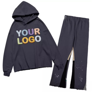 Conjunto Deportivo de Invierno Personalizado al por Mayor, Sudadera con Capucha de Estilo Urbano con Dobladillo sin Rematar y Pantalones Deportivos con Corte Acampanado, Pantalones Deportivos con Estampado de Salpicaduras - Product Image 4