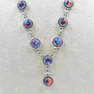 Handmade <b>Boho</b> Statement <b>Necklace</b> 18 Inch Adjustable Chain Pink Dahlia Turquoise Sterling Silver Lariat Rhodium Plated Jewelry - Product Image 1