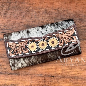 Portefeuille en cuir de vachette véritable cousu à la main Portefeuille en cuir de vachette véritable Portefeuille pour cartes de crédit Pochette à fleurs occidentales - Product Image 1