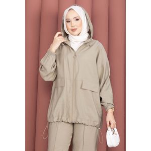 Ensemble deux pièces décontracté vert olive à capuche et fermeture éclair, en toile et tissu côtelé, coupe ample, pour l'été - Product Image 2