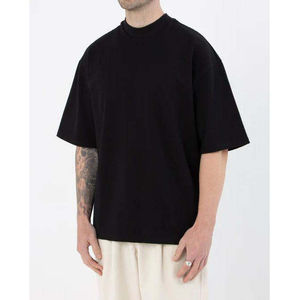 T-shirt pour homme en coton super épais surdimensionné à épaules tombantes Broderie Col montant Coupe ample Motif uni Tissu tricoté - Product Image 5