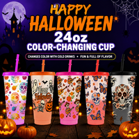 Gobelets personnalisés Halloween 24oz à changement de couleur avec pailles – Gobelets réutilisables en plastique pour vente en gros – Gobelets magiques pour boissons froides et fêtes