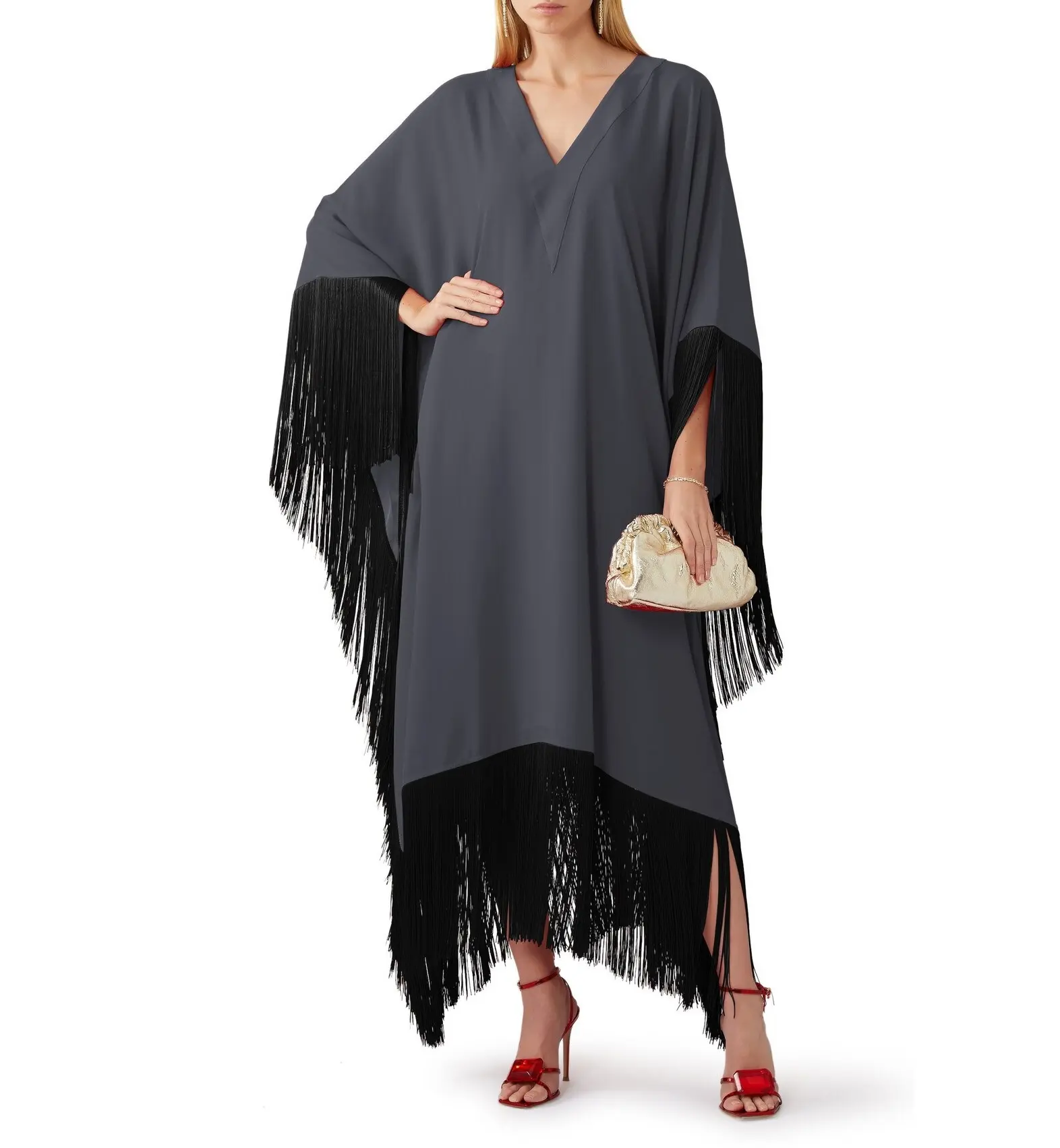 Chic negro encaje con flecos cuello en V para mujer Kaftan elegante Boubou largo de seda con detalles de flecos de moda para estilo de moda