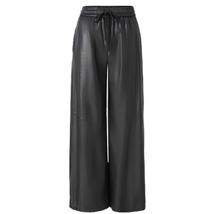 Black Faux Leather Wide Leg Pants <b>Elastic</b> <b>Waist</b> Full Length <b>Trousers</b> for Women Autumn Winter - Product Image 2