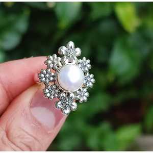 Handmade Romantic Floral Boho <b>Statement</b> <b>Ring</b> Pearl Sterling Silver Jewelry for Birthday Christmas Valentine's Day Gift for Her - Product Image 2